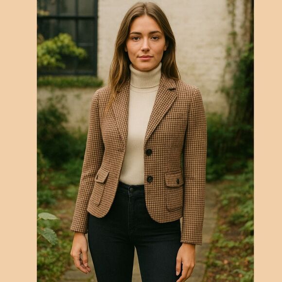 American Eagle Y2K Houndstooth Wool Blazer Womens Size S Earthy Heritage Preppy - Picture 1 of 16